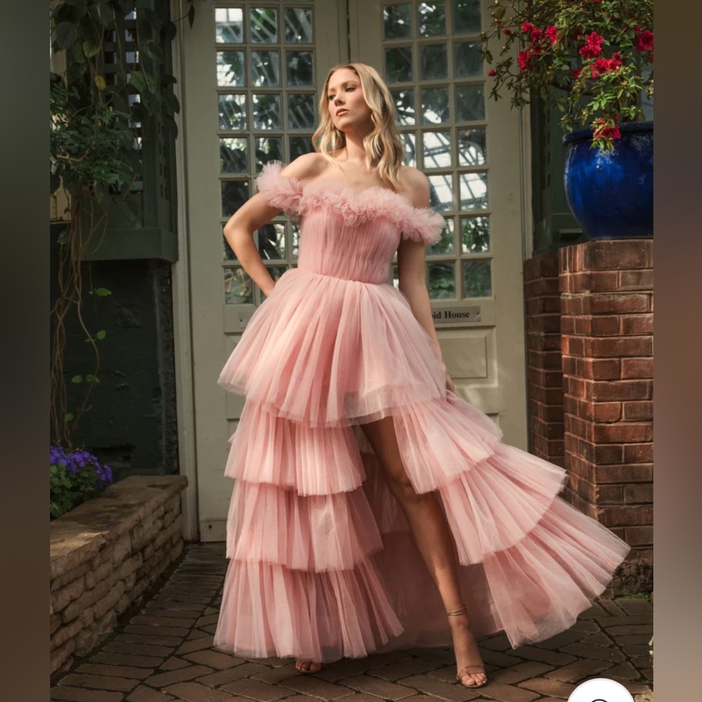 Mac Duggal Pink Off-Shoulder Tiered Tulle High-Low Gown - Picture 4 of 5